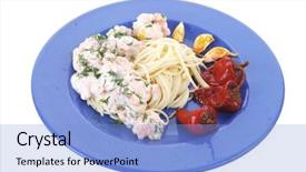  Presentation with blue rose - Slide set featuring fresh rose wild salmon baked in cream cheese sauce with italian pasta and red hot pepper on blue plate isolated over white background background and a light blue colored foreground