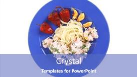  Presentation with blue rose - Presentation theme having fresh rose wild salmon baked in cream cheese sauce with italian pasta and red hot pepper on blue plate isolated over white background background and a teal colored foreground