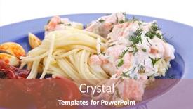  Presentation with blue rose - Slides featuring fresh rose wild salmon baked in cream cheese sauce with italian pasta and red hot pepper on blue plate isolated over white background background and a coral colored foreground