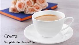  Presentation with coffee cup diary - PPT theme with fresh roses with diary and cup of coffee on wooden background background and a light gray colored foreground