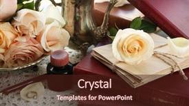  Presentation with vintage book - Audience pleasing slide deck consisting of fresh roses with old book and letters on color wooden table background vintage concept backdrop and a wine colored foreground