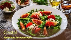  Presentation with leafy greens - Slides with fresh-salad-mozzarella-crudo-ham background and a tawny brown colored foreground