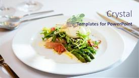  Presentation with white plate - Amazing theme having fresh salad of mozzarella ham and garden asparagus served on white plate backdrop and a sky blue colored foreground