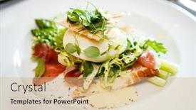  Presentation with white plate - Slide deck featuring fresh salad of mozzarella ham and garden asparagus served on white plate background and a coral colored foreground