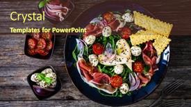  Presentation with pear - Presentation theme having fresh-salad-prosciutto-di-parma background and a tawny brown colored foreground