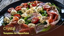  Presentation with pear - Presentation having fresh-salad-prosciutto-di-parma background and a tawny brown colored foreground