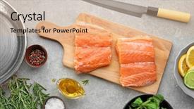  Presentation with sliced fresh papaya on wooden - Presentation design with fresh salmon fillet on wooden background and a lemonade colored foreground