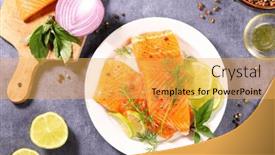  Presentation with salmon fish - PPT layouts enhanced with fresh-salmon-fish-fillet background and a yellow colored foreground