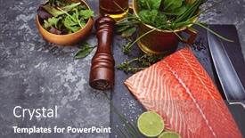  Presentation with olive oil bottle - Presentation theme featuring fresh-salmon-fish-steak-red background and a  colored foreground