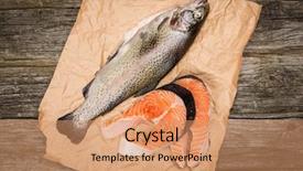  Presentation with rustic old wood texture - Theme featuring fresh salmon slice on old background and a coral colored foreground