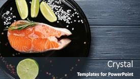  Presentation with salmon dish - Theme featuring fresh salmon steak with slices of lime on baking dish background and a ocean colored foreground