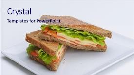  Presentation with fresh meat - PPT layouts featuring fresh sandwich close up with vegetables and meat fish isolated on white background background and a sky blue colored foreground