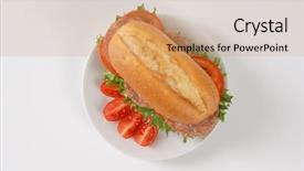  Presentation with white plate - Audience pleasing PPT theme consisting of fresh sandwich with salami on white plate backdrop and a coral colored foreground