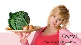  Presentation with beautiful fresh leaves water drops - Theme featuring fresh savoy cabbage and onion background and a coral colored foreground