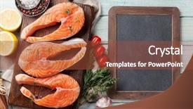  Presentation with salt water fish - Audience pleasing PPT theme consisting of fresh seafood - raw salmon fish steaks backdrop and a  colored foreground