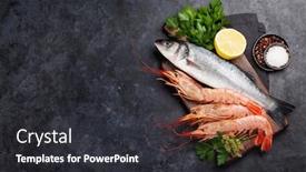  Presentation with trout - Audience pleasing slide deck consisting of fresh seafood trout fish and langostino shrimps with herbs and spices on a stone background top view flat lay with copy space for your text backdrop and a dark gray colored foreground