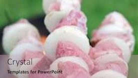  Presentation with kebab - Slide deck consisting of fresh-shish-kebab-on-skewers background and a soft green colored foreground