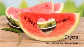  Presentation with outdoors - PPT theme enhanced with fresh slice of watermelon on table outdoors close up background and a coral colored foreground