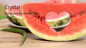  Presentation with outdoors - Audience pleasing PPT theme consisting of fresh slice of watermelon on table outdoors close up backdrop and a coral colored foreground
