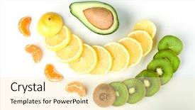  Presentation with top view of appetizing fresh - Audience pleasing theme consisting of fresh sliced citruses and fruits backdrop and a blonde colored foreground