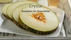  Presentation with melon - Slide deck featuring fresh-sliced-sweet-ripe-piel background and a coral colored foreground