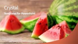  Presentation with wooden - Presentation consisting of fresh sliced watermelon wooden background background and a coral colored foreground