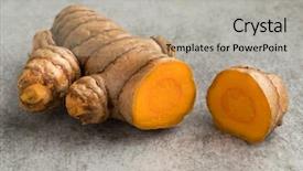  Presentation with turmeric - Slides featuring fresh sliced yellow turmeric rhizome background and a  colored foreground
