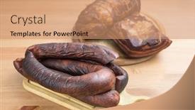  Presentation with pork bacon - PPT theme featuring fresh-smoked-ham-bacon-pork background and a coral colored foreground