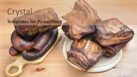  Presentation with pork bacon - Amazing PPT theme having fresh-smoked-ham-bacon-pork backdrop and a coral colored foreground