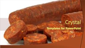  Presentation with chorizo - Presentation theme having fresh spanish chorizo sausage with some cut pieces on a white background background and a tawny brown colored foreground