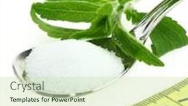  Presentation with sugar - Presentation with fresh stevia rebaudiana sugar in a spoon and measuring tape background and a soft green colored foreground