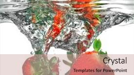  Presentation with fresh water - Audience pleasing presentation consisting of fresh strawberry dropped into water with splash isolated on white backdrop and a coral colored foreground