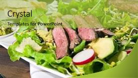  Presentation with fresh avocado - Slide deck enhanced with fresh summer salad with stripes of fried beef on avocado slices radish sprouts and ginger background and a yellow colored foreground