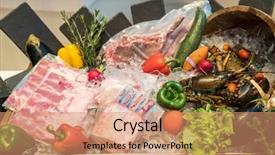  Presentation with kitchen - Slides having fresh surf and turf prepare background and a coral colored foreground