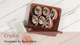  Presentation with white plate - Slides featuring fresh-sushi-sashimi-nigiri background and a coral colored foreground