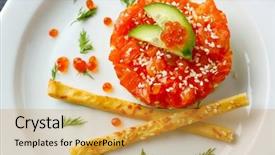  Presentation with fresh avocado - Theme enhanced with fresh tartar with salmon avocado cucumber and red caviar on white plate close up background and a gold colored foreground