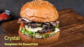  Presentation with dark vintage wood table texture - PPT theme having fresh tasty burger on wood background and a  colored foreground