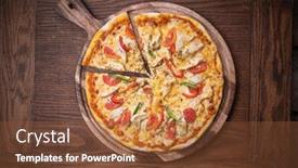  Presentation with mozzarella cheese - Colorful slide set enhanced with fresh tasty pizza with chicken tomato paprika and mozzarella cheese isolated on wooden background backdrop and a tawny brown colored foreground