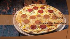  Presentation with mozzarella cheese - PPT theme with fresh tasty pizza with turkish sausage and mozzarella cheese isolated on rustic wooden background background and a gold colored foreground