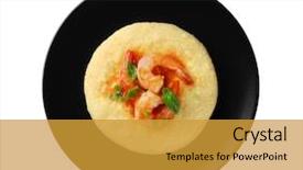 Presentation with white plate - Beautiful presentation design featuring fresh tasty shrimp and grit backdrop and a  colored foreground