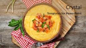  Presentation with top view of appetizing fresh - Audience pleasing presentation consisting of fresh tasty shrimp and grit backdrop and a  colored foreground