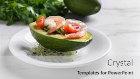  Presentation with fresh avocado - Audience pleasing PPT theme consisting of fresh tasty shrimp salad in avocado boat on table backdrop and a light gray colored foreground