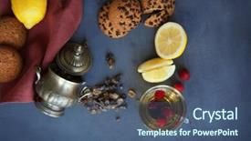  Presentation with napkin - PPT theme having fresh tea composition with napkin on grey background background and a ocean colored foreground