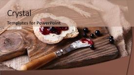  Presentation with blackcurrant - Presentation enhanced with fresh toast with homemade butter and blackcurrant jam on wooden background background and a coral colored foreground
