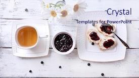  Presentation with blackcurrant - Slide deck consisting of fresh toasts with homemade butter and blackcurrant jam on wooden background background and a sky blue colored foreground
