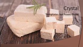  Presentation with soy milk drink and tofu - Audience pleasing theme consisting of fresh tofu on table backdrop and a coral colored foreground