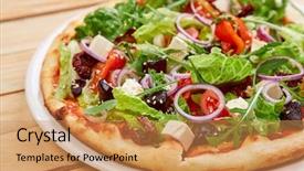  Presentation with red onion - Beautiful presentation design featuring fresh tomatoes olives tofu backdrop and a coral colored foreground