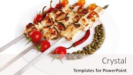  Presentation with kebab - Slide set having fresh turkey barbecue shish kebab served with tomatoes capers on platter isolated over white background background and a sky blue colored foreground