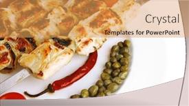  Presentation with kebab - Beautiful slide set featuring fresh turkey barbecue shish kebab served with tomatoes capers on platter isolated over white background backdrop and a yellow colored foreground