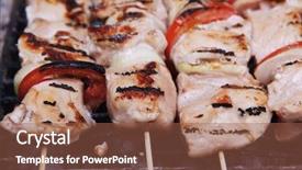  Presentation with charcoal - Presentation design featuring fresh turkey pink brisket shish kebab on wooden skewers with tomatoes over barbecue brazier full burned charcoal background and a tawny brown colored foreground